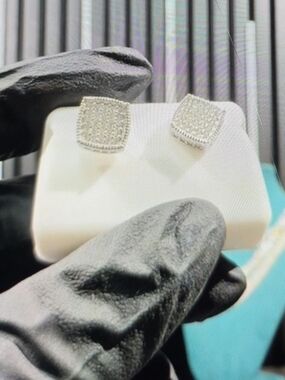 Sterling Silver Square, Moissanite Pavé Stud Earrings - White